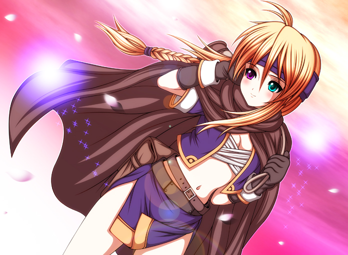 bad id, bad pixiv id, belt, blonde hair, braid, cape, flat chest, gloves, headband, heterochromia, navel, solo