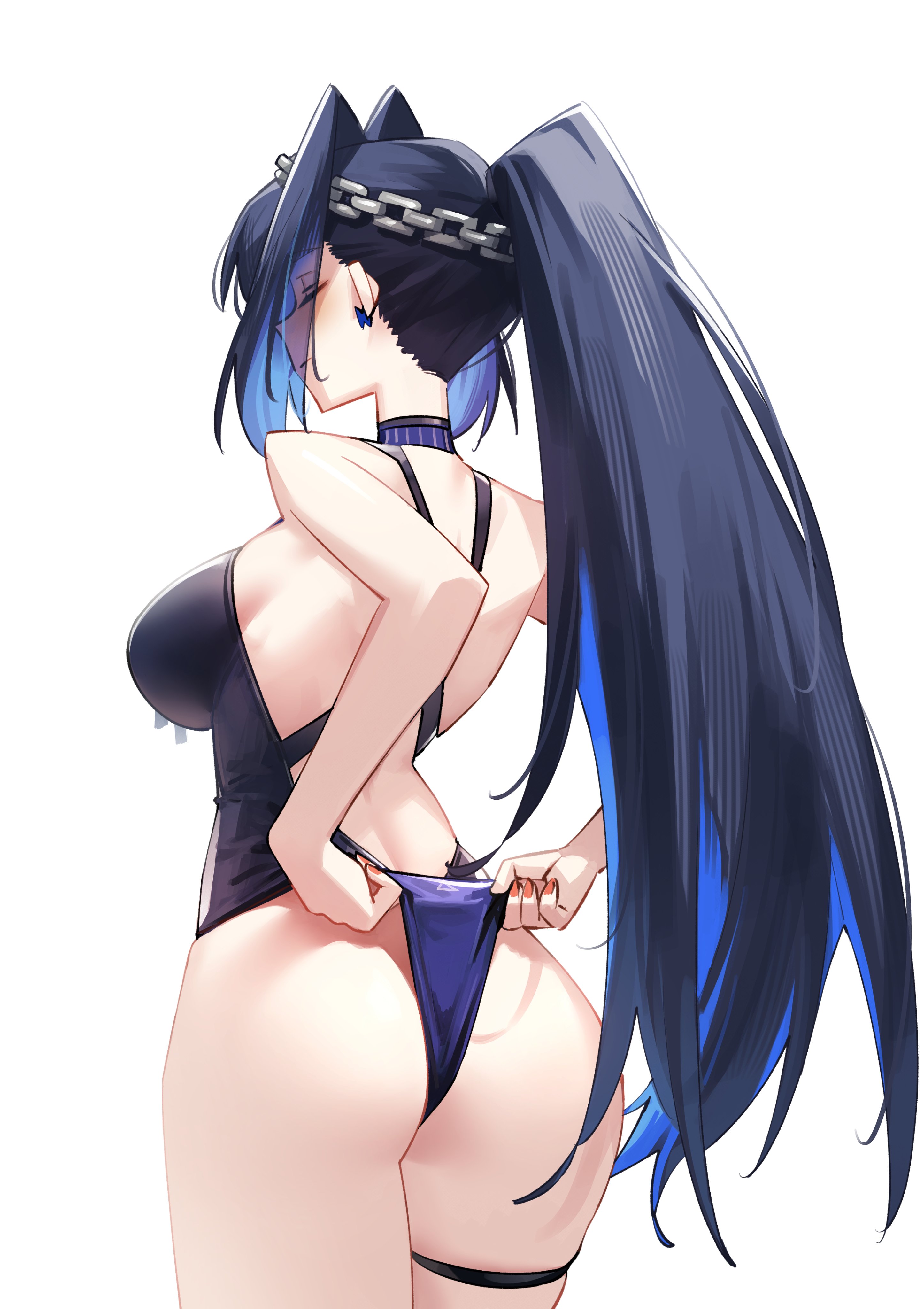 adarin, ouro kronii, ouro kronii (holonatsu paradise), hololive, hololive english, absurdres, commentary, english commentary, highres, 1girl, adjusting clothes, adjusting swimsuit, ass, back, blue hair, blue one-piece swimsuit, breasts, closed eyes, closed mouth, criss-cross back-straps, from behind, highleg, highleg one-piece swimsuit, large breasts, long hair, official alternate costume, official alternate hairstyle, one-piece swimsuit, simple background, solo, swimsuit, thigh strap, very long hair, virtual youtuber, white background
