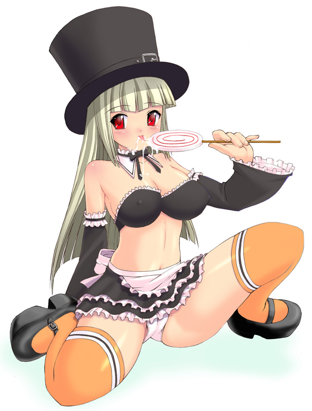 kakogawa tarou, ingrid (capcom), capcom, capcom fighting jam, 1girl, albino, bare shoulders, blonde hair, bra, breasts, cameltoe, candy, collar, covered erect nipples, detached collar, detached sleeves, female focus, food, frills, hat, kneehighs, large breasts, lingerie, lollipop, long hair, mary janes, midnight bliss, orange socks, panties, pantyshot, red eyes, shoes, skirt, socks, solo, swirl lollipop, thighhighs, tongue, top hat, underwear, upskirt, white hair