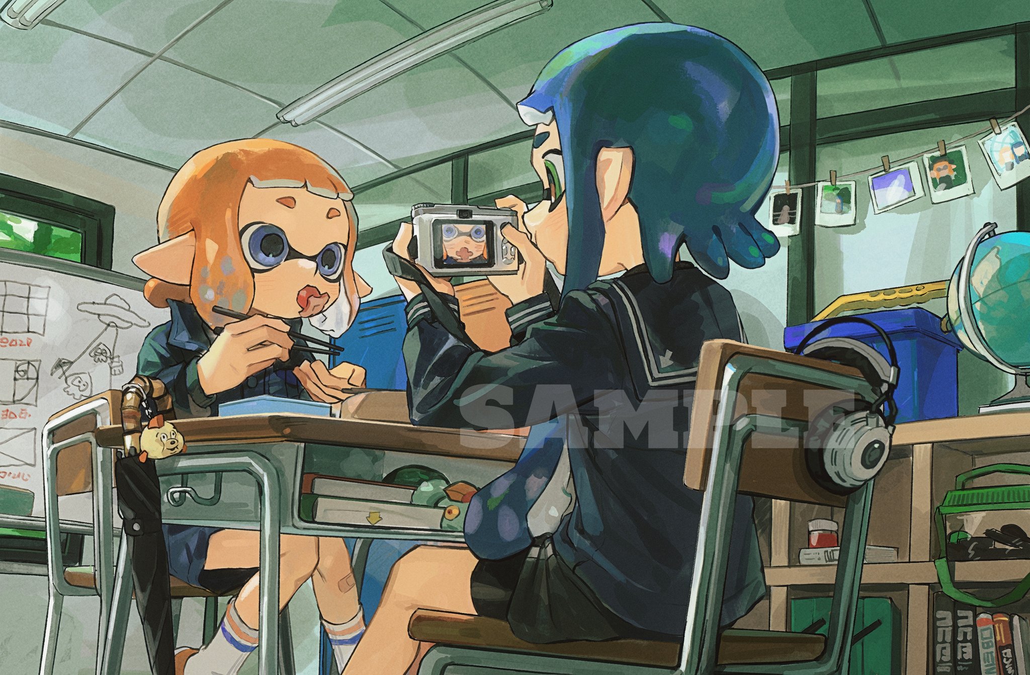 miko (15476997), inkling girl, inkling player character, nintendo, splatoon (series), commentary, highres, symbol-only commentary, 2girls, black shorts, black skirt, blue eyes, blue hair, blue sailor collar, blue shirt, camera, chair, chopsticks, classroom, closed umbrella, desk, eating, food, food art, food in mouth, green eyes, green jacket, holding, holding camera, holding chopsticks, holding with chopsticks, inkling, jacket, long hair, long sleeves, medium hair, mouth hold, multiple girls, on chair, orange hair, pointy ears, sailor collar, school chair, school desk, school uniform, serafuku, shirt, shorts, shorts under skirt, sitting, skirt, socks, taking shelter, tako-san wiener, tentacle hair, umbrella, white socks