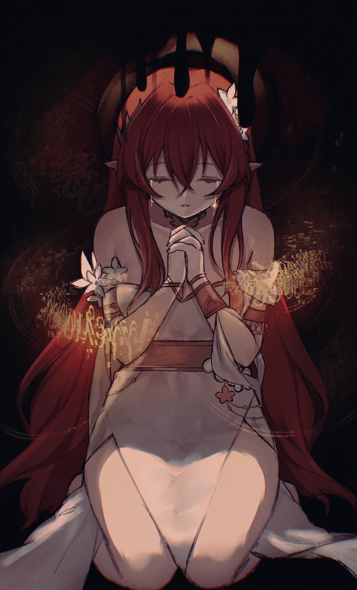 miclipse, tribios (honkai: star rail), honkai: star rail, honkai (series), bad id, bad twitter id, highres, 1girl, bare shoulders, breasts, cleavage, crying, dress, flower, hair flower, hair ornament, large breasts, long hair, own hands together, pointy ears, praying, red hair, seiza, sitting, solo, tearing up, very long hair, white dress
