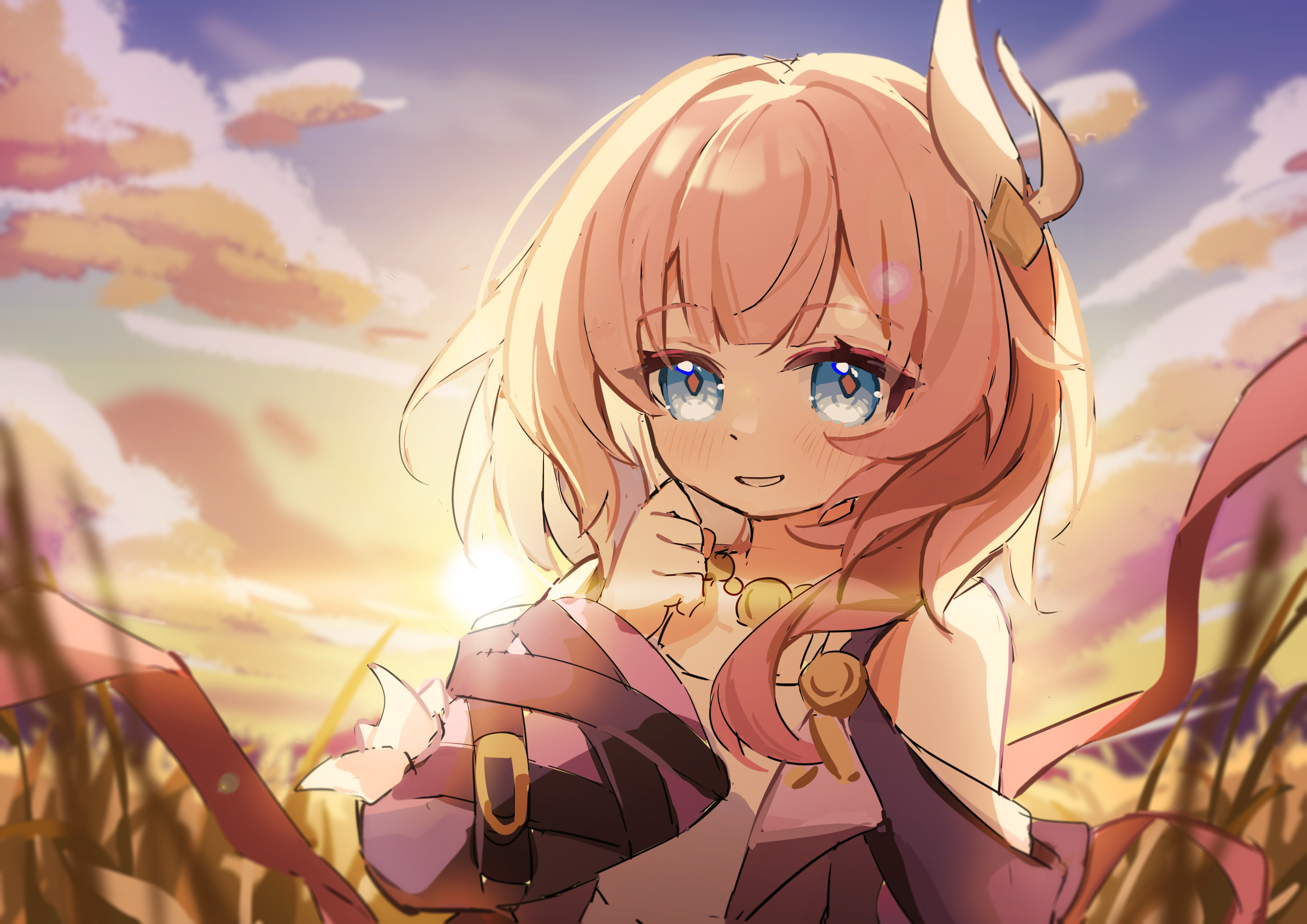 mogu kinoko, cyrene (honkai: star rail), honkai: star rail, honkai (series), absurdres, commentary request, highres, 1girl, bare shoulders, blue eyes, blue sky, breasts, coat, cyrene (aedes elysiae) (honkai: star rail), dress, hair ornament, jewelry, looking at viewer, multicolored hair, necklace, outdoors, pink hair, purple coat, short hair, sky, small breasts, solo, sunset, two-tone hair, white dress, white hair
