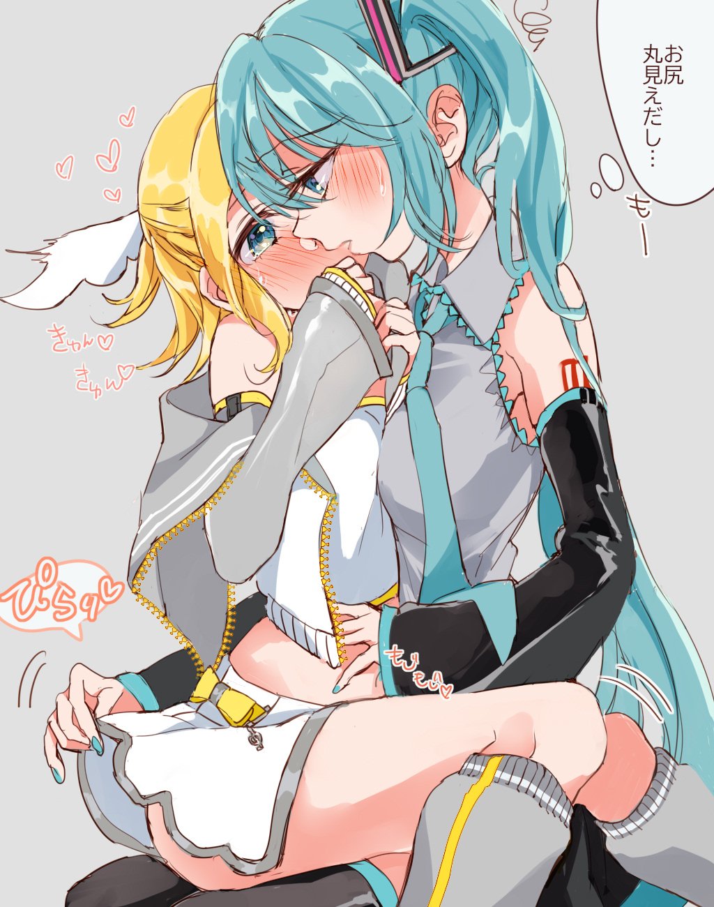 mimi mine, hatsune miku, kagamine rin, vocaloid, commentary request, highres, translation request, 2girls, black thighhighs, blonde hair, blue eyes, blue hair, blue nails, blue necktie, blush, collared shirt, detached sleeves, grey background, grey shirt, grey socks, heart, long hair, loose socks, multiple girls, necktie, shirt, short hair, simple background, sitting, sitting on lap, sitting on person, socks, speech bubble, tears, thighhighs, thought bubble, twintails, white shirt, yuri