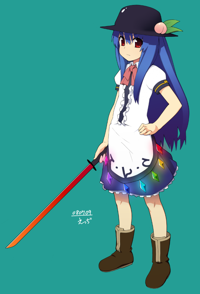 eddi, hinanawi tenshi, touhou, 1girl, female focus, food, fruit, hat, leaf, peach, solo, sword, sword of hisou, weapon