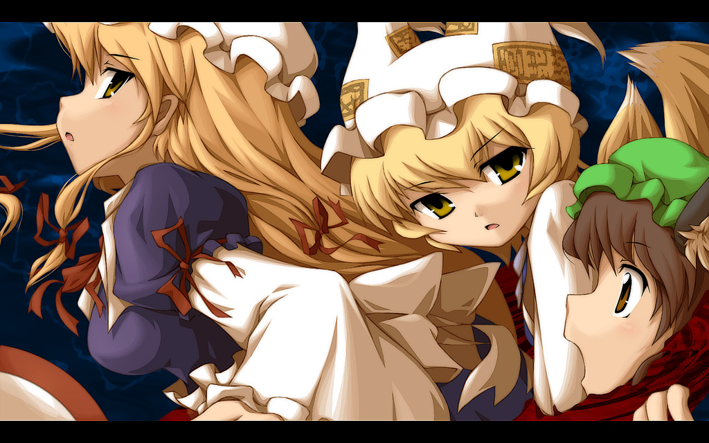 fukaiton, chen, yakumo ran, yakumo yukari, touhou, 2girls, animal ears, animal hat, blonde hair, brown eyes, brown hair, cat ears, cat girl, female focus, fox tail, hat, letterboxed, long hair, long sleeves, mob cap, multiple girls, multiple tails, open mouth, ribbon, short hair, tail, tassel, tsurime, upper body, wide sleeves, yellow eyes
