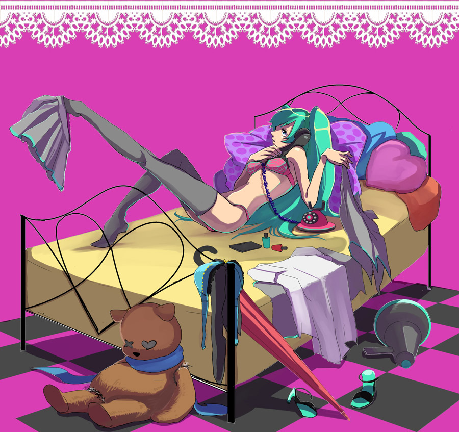 ebi (pixiv66713), hatsune miku, koi wa sensou (vocaloid), vocaloid, world is mine (vocaloid), bad id, bad pixiv id, 1girl, bed, blue hair, bra, corded phone, female focus, heart, high heels, leg up, lingerie, long hair, lying, megaphone, messy room, nail polish, panties, phone, pillow, shoes, skirt, solo, thighhighs, umbrella, underwear, underwear only, undressing
