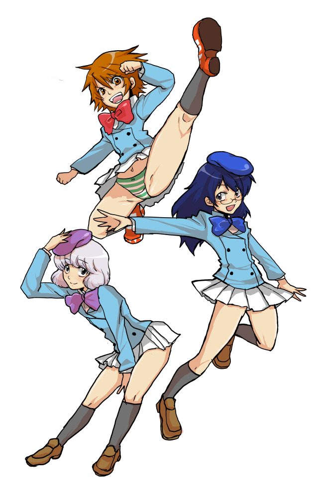 ebi (pixiv66713), akashi kaoru, nogami aoi, sannomiya shiho, zettai karen children, bad id, bad pixiv id, 00s, beret, blue hair, brown hair, glasses, hat, kicking, long hair, panties, pantyshot, purple eyes, purple hair, short hair, skirt, smile, striped clothes, striped panties, underwear, white hair