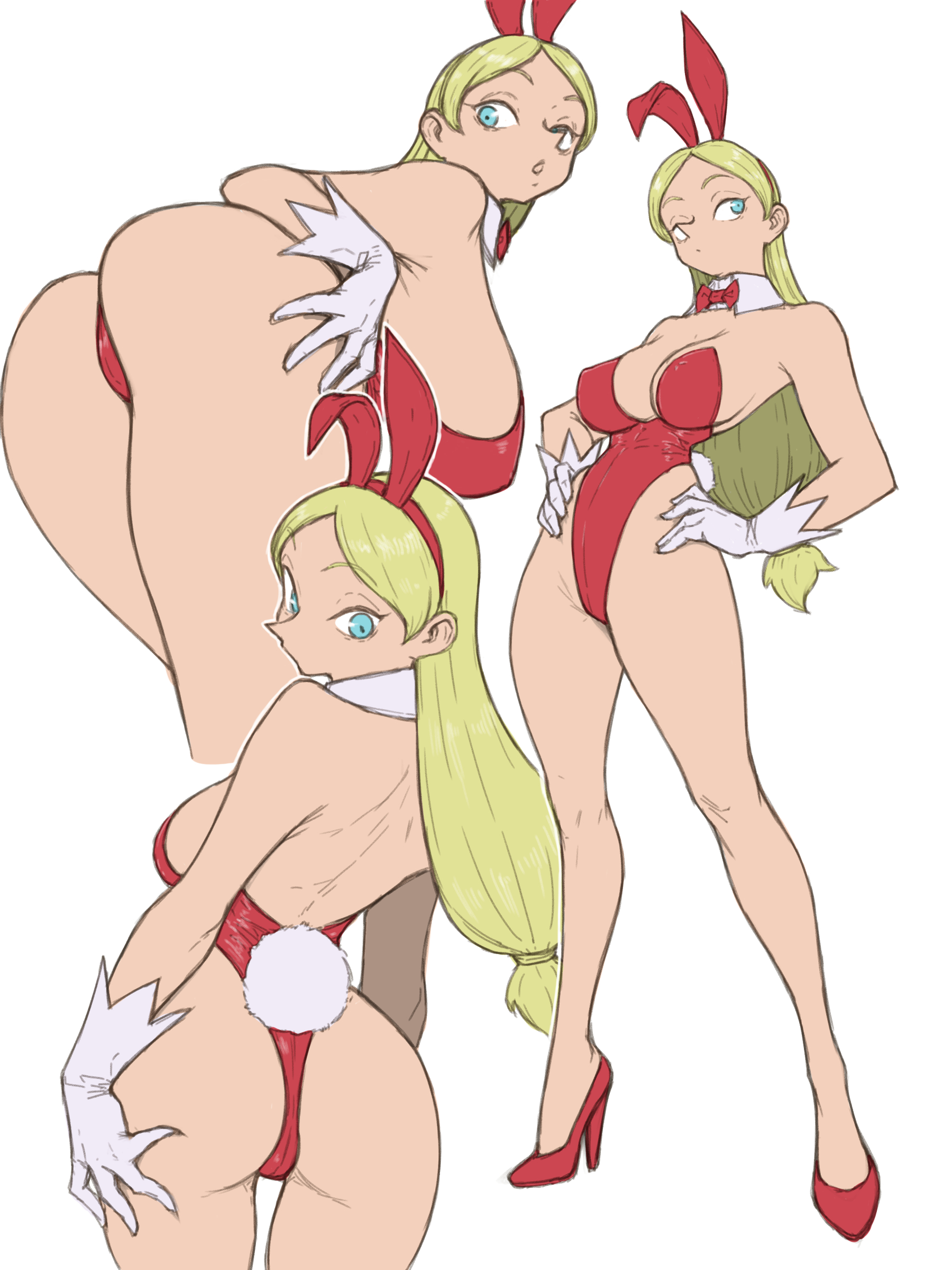 toshinoshin, hilling (ousama ranking), ousama ranking, ass, blonde hair, blue eyes, breasts, high heels, leotard, playboy bunny, pointy nose, queen, red heels, red leotard