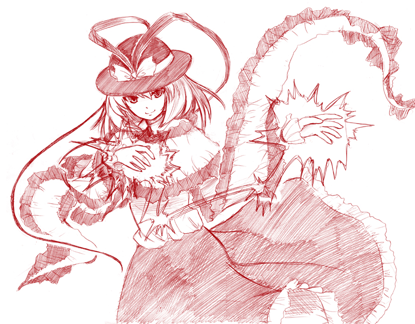 himeno suika, nagae iku, touhou, 1girl, bow, closed mouth, cowboy shot, female focus, frilled sleeves, frills, hair between eyes, hat, hat bow, long skirt, long sleeves, looking at viewer, magic, medium hair, monochrome, red theme, shawl, simple background, skirt, smile, solo, standing, white background