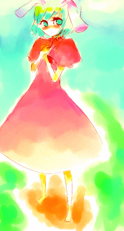 shinku (insaniti), inaba tewi, touhou, 1girl, alternate hair length, alternate hairstyle, animal ears, dress, female focus, green eyes, green hair, hands on own chest, looking at viewer, matching hair/eyes, own hands together, puffy short sleeves, puffy sleeves, rabbit ears, red dress, short hair, short sleeves, solo, standing