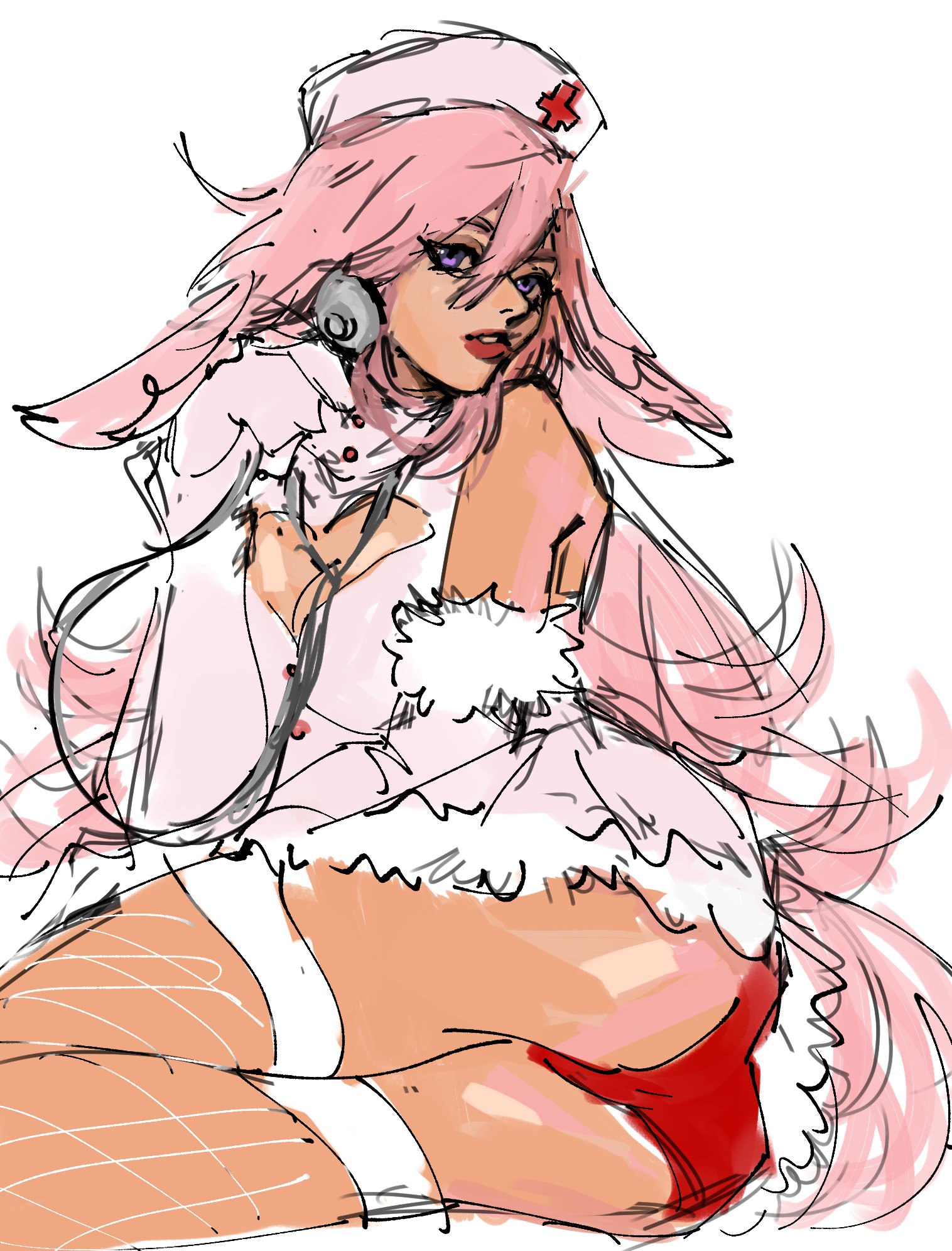 riki0928, yae miko, genshin impact, highres, animal ears, breasts, cleavage, cleavage cutout, clothing cutout, cross, dress, elbow gloves, feet out of frame, fishnet thighhighs, fishnets, fox ears, fox girl, fur-trimmed dress, fur-trimmed gloves, fur trim, gloves, hand up, hat, heart cutout, holding, holding stethoscope, large breasts, long hair, looking at viewer, nurse, nurse cap, panties, pantyshot, parted lips, pink dress, pink gloves, pink hair, purple eyes, red cross, red lips, red panties, short dress, simple background, sitting, stethoscope, thighhighs, thighs, underwear, upskirt, white background, white thighhighs