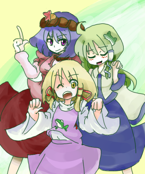 monomi, kochiya sanae, moriya suwako, yasaka kanako, touhou, 3girls, ;o, ahoge, blonde hair, brooch, closed mouth, detached sleeves, dress, female focus, frog hair ornament, gem, green eyes, hair ornament, hair tubes, hairband, index finger raised, jewelry, leaf hair ornament, long sleeves, looking at viewer, multiple girls, nontraditional miko, oekaki, one eye closed, open mouth, red dress, red eyes, smirk, snake hair ornament, sweater, yellow eyes