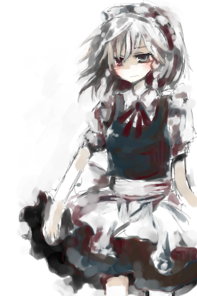 izayoi sakuya, touhou, silver hair, 1girl, blush, braid, female focus, oekaki, short hair, solo, twin braids