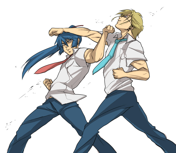 ebi (pixiv66713), mikhail buran, saotome alto, macross, macross frontier, bad id, bad pixiv id, 00s, 2boys, battle, blonde hair, blue hair, fighting, long hair, male focus, manly, martial arts, multiple boys, necktie, punching, short hair
