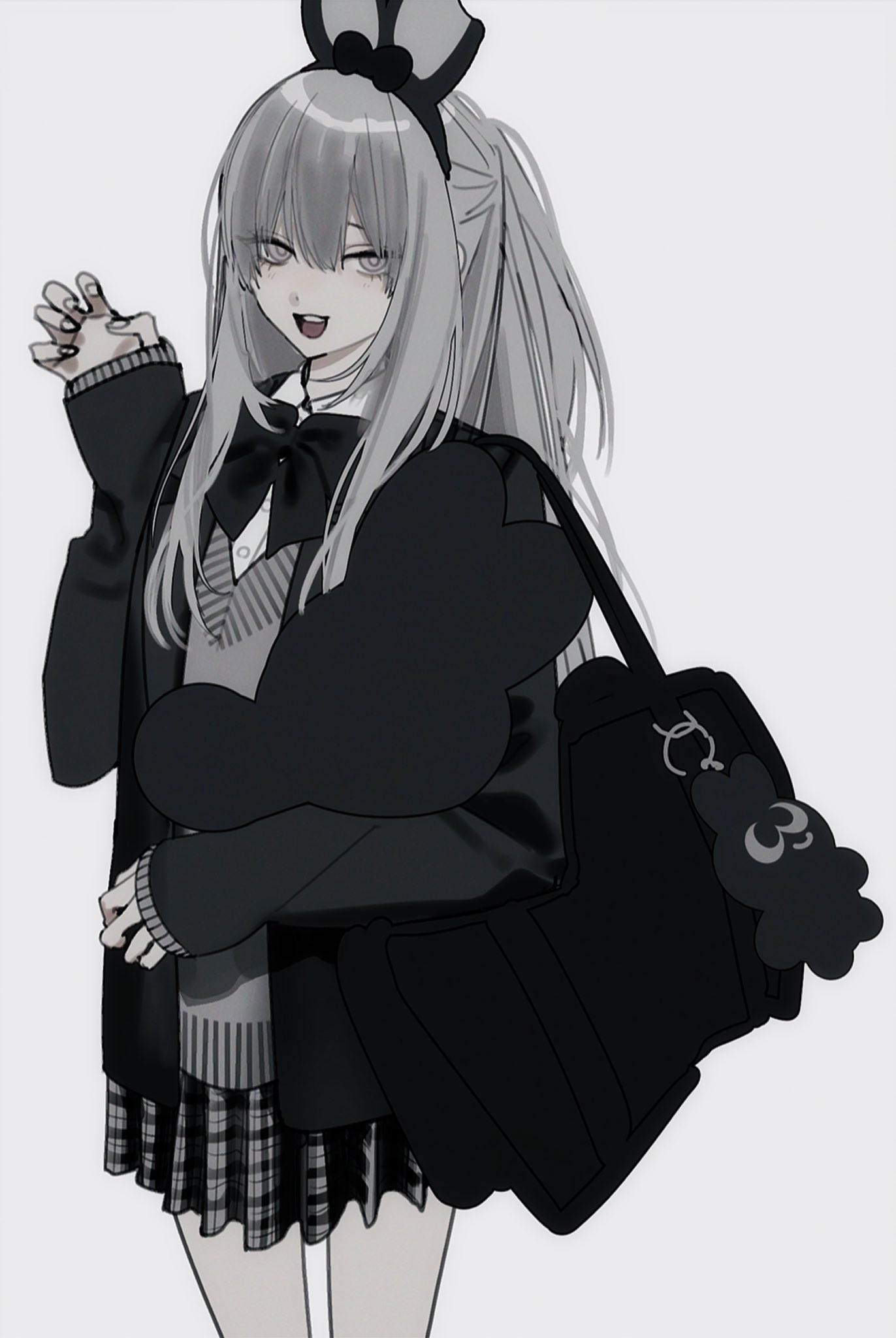 honnryou hanaru, original, highres, 1girl, bag, black bag, black bow, bow, cardigan, fujimoto shiki, grey cardigan, grey eyes, grey hair, hairband, open mouth, pleated skirt, ponytail, school bag, school uniform, shirt, skirt, sleeves past wrists, solo, stuffed toy, teeth, tongue, upper teeth only, white shirt