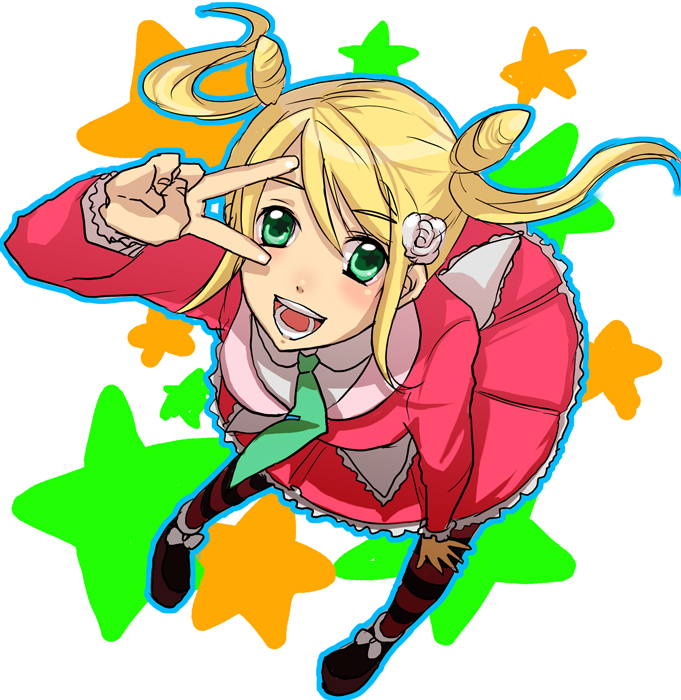 ebi (pixiv66713), fuumonji gorou, vitamin x, bad id, bad pixiv id, 1boy, blonde hair, crossdressing, crossdressing (mtf), dress, full body, green eyes, long hair, male focus, pantyhose, skirt, solo, striped clothes, striped pantyhose, thighhighs, trap, v, white background