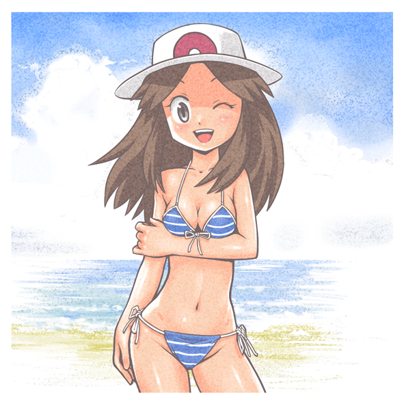 leaf (pokemon), nintendo, pokemon, pokemon frlg, artist request, source request, 00s, 1girl, beach, bikini, blue bikini, brown hair, cloud, cowboy shot, day, female focus, hat, navel, one eye closed, outdoors, porkpie hat, side-tie bikini bottom, sky, solo, striped bikini, striped clothes, swimsuit, water, wink