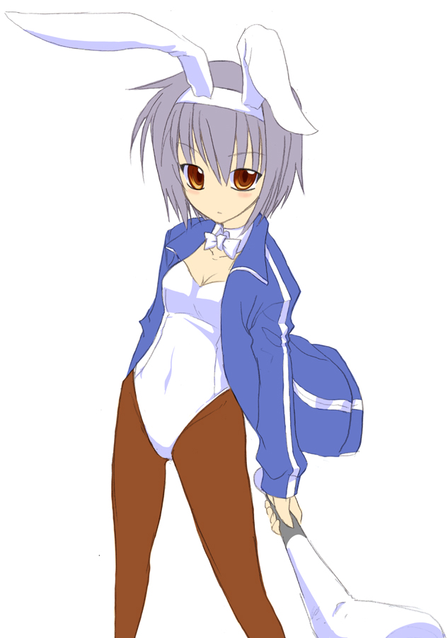 yoshi tama, nagato yuki, suzumiya haruhi no yuuutsu, 00s, 1girl, animal ears, baseball bat, fake animal ears, female focus, jacket, leotard, pantyhose, playboy bunny, rabbit ears, simple background, solo
