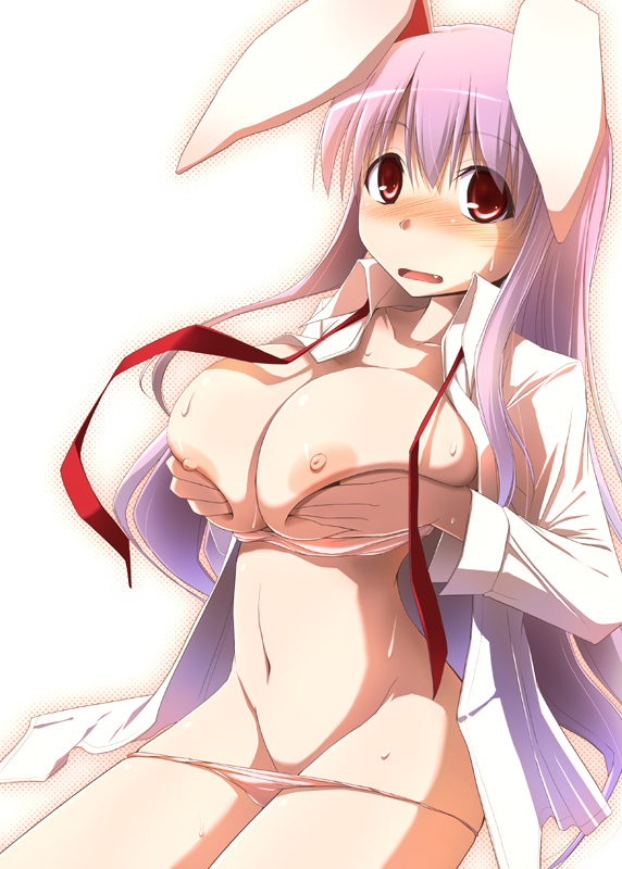 kurikara, reisen udongein inaba, touhou, 1girl, animal ears, blush, bra, bra pull, breast lift, breasts, breasts squeezed together, cleavage, clothes pull, dress shirt, fang, female focus, groin, huge breasts, lingerie, long hair, necktie, nipples, open clothes, open shirt, panties, panty pull, pink panties, purple hair, rabbit ears, red eyes, red necktie, shirt, sitting, solo, sweat, underwear, undone necktie, very long hair