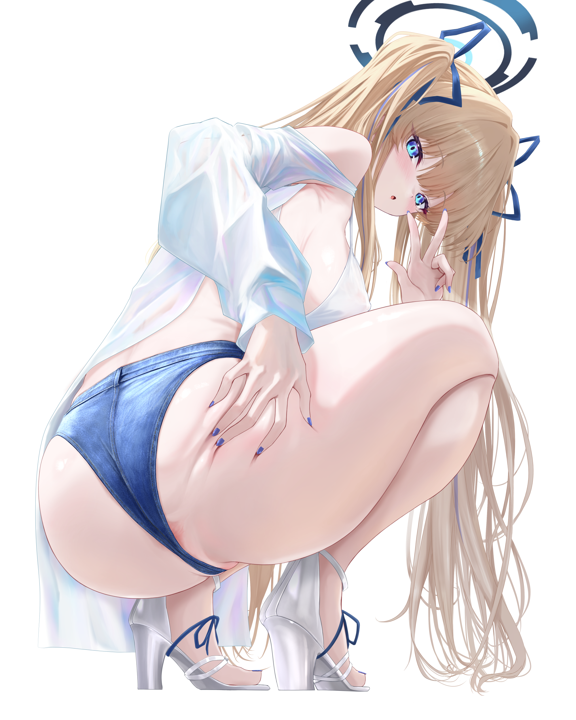 noa (skae3323), toki (blue archive), blue archive, absurdres, highres, 1girl, alternate costume, alternate hairstyle, anus, anus peek, ass, bare shoulders, black choker, blonde hair, blue eyes, blue nails, blue ribbon, blush, breasts, choker, crop top, deep skin, denim, denim shorts, fingernails, from behind, full body, grabbing own thigh, hair ribbon, jacket, long hair, looking at viewer, medium breasts, micro shorts, nail polish, open clothes, open mouth, partially visible vulva, ribbon, sandals, short shorts, shorts, simple background, solo, squatting, strappy heels, tank top, taut clothes, thighs, toenail polish, toenails, twintails, very long hair, w, white background, white jacket, white tank top