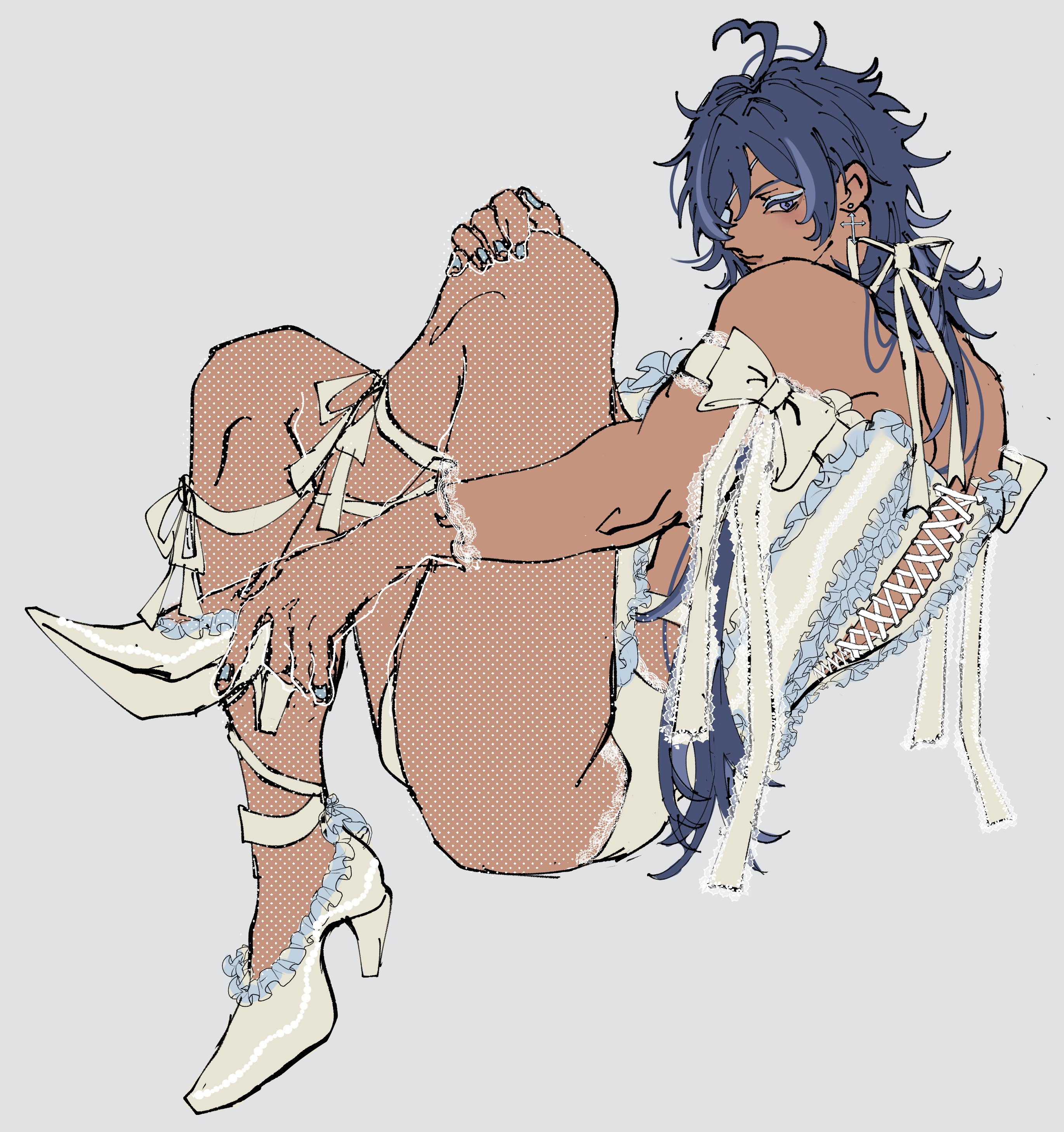riki0928, kaeya (genshin impact), genshin impact, absurdres, highres, 1boy, adjusting footwear, ahoge, blue eyes, blue eyeshadow, blue hair, blush, bow, bulge, closed mouth, corset, cross, cross earrings, crossdressing, crossdressing (mtf), dark-skinned male, dark skin, earrings, eyepatch, eyeshadow, from side, full body, grey background, hair bow, hand on own knee, heart, heart ahoge, high heels, jewelry, knees up, long hair, looking at viewer, makeup, male focus, panties, pantyhose, see-through pantyhose, sideways glance, simple background, sitting, smile, solo, underwear, wavy hair, white bow, white corset, white panties, white pantyhose