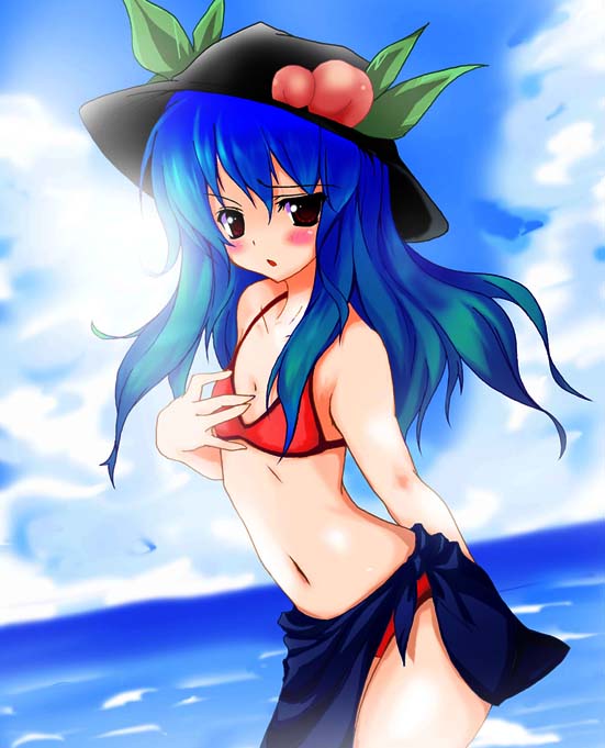 klaver, hinanawi tenshi, touhou, 1girl, bikini, blue hair, day, female focus, flat chest, food, fruit, hat, long hair, ocean, outdoors, peach, red bikini, sky, solo, swimsuit