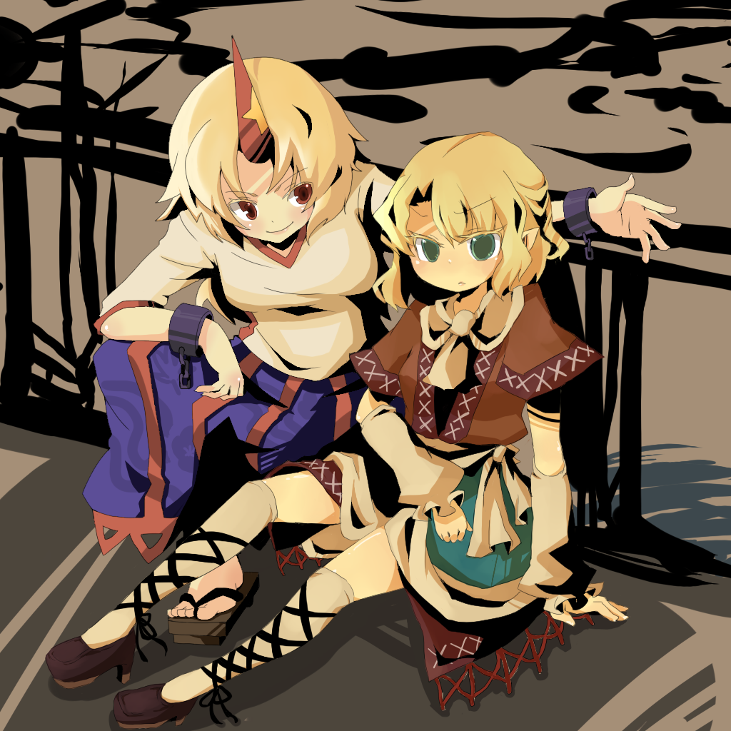 ko->u, ko-u, hoshiguma yuugi, mizuhashi parsee, touhou, bad id, bad pixiv id, 2girls, blonde hair, chain, female focus, green eyes, horns, long hair, multiple girls, short hair, single horn