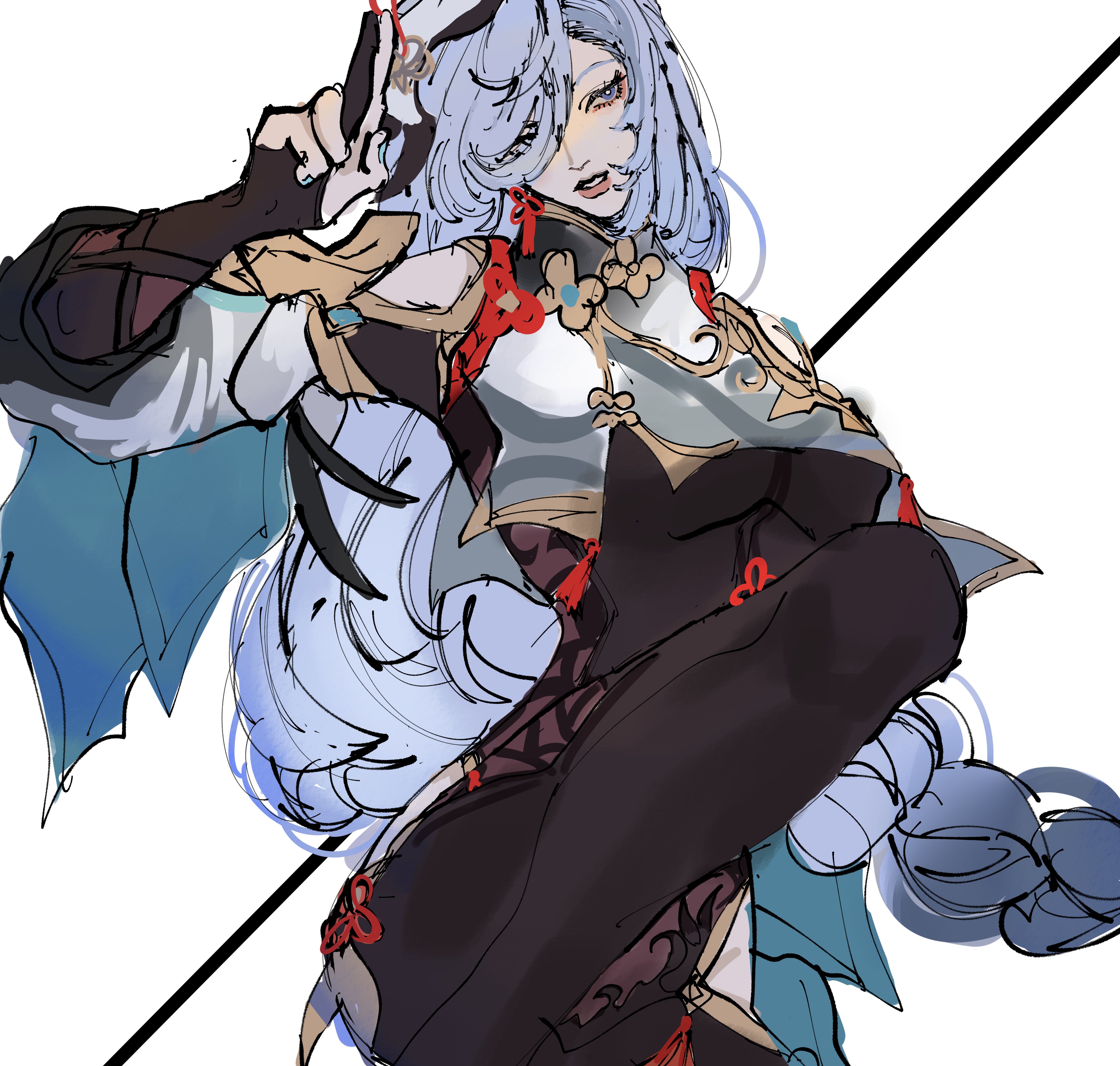 riki0928, shenhe (genshin impact), genshin impact, absurdres, highres, 1girl, black bodysuit, bodysuit, braid, bright pupils, clothing cutout, eyeshadow, grey eyes, grey hair, hand up, hip vent, leg up, long hair, makeup, mandarin collar, parted lips, pink lips, red eyeshadow, simple background, single braid, solo, upper body, white background, white pupils