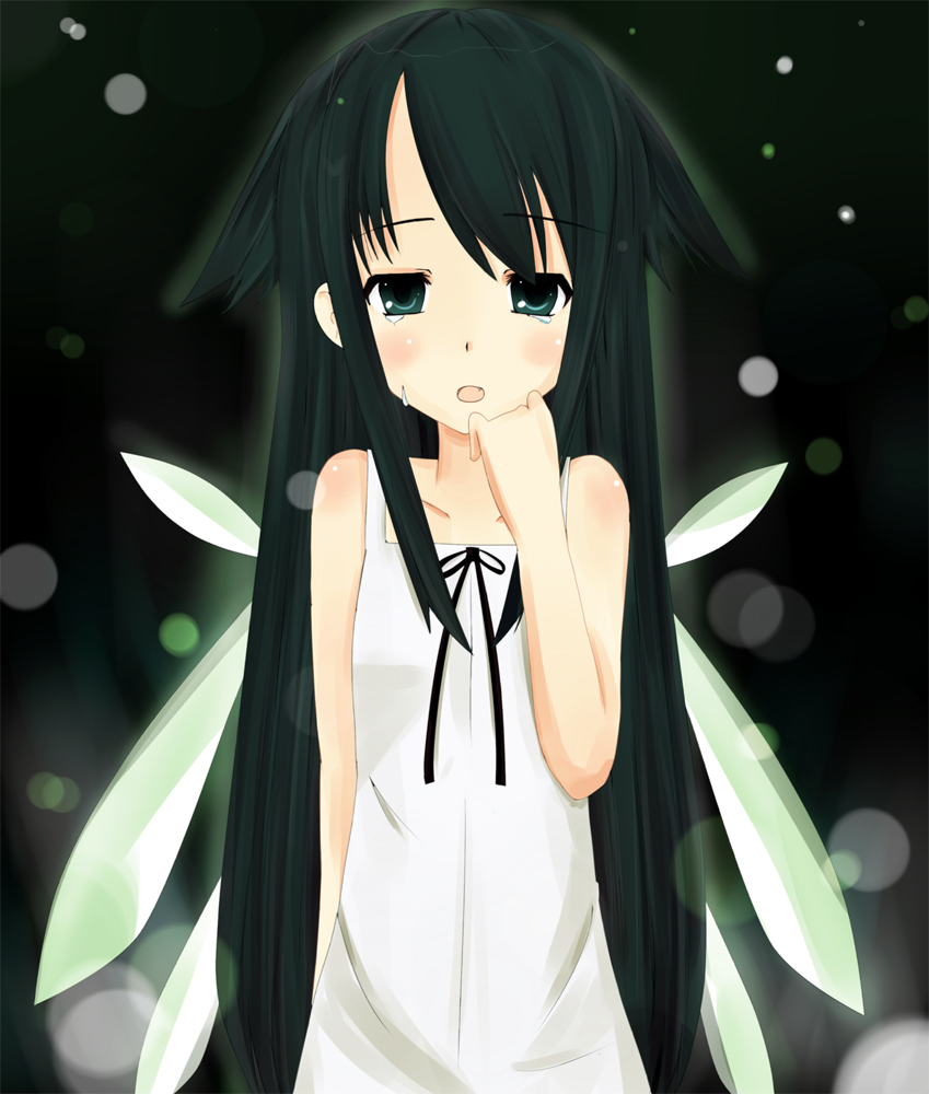 fusa otome, uruchimai, saya (saya no uta), saya no uta, bad id, bad pixiv id, 1girl, dress, female focus, flat chest, green eyes, green hair, long hair, matching hair/eyes, solo, tears, wings