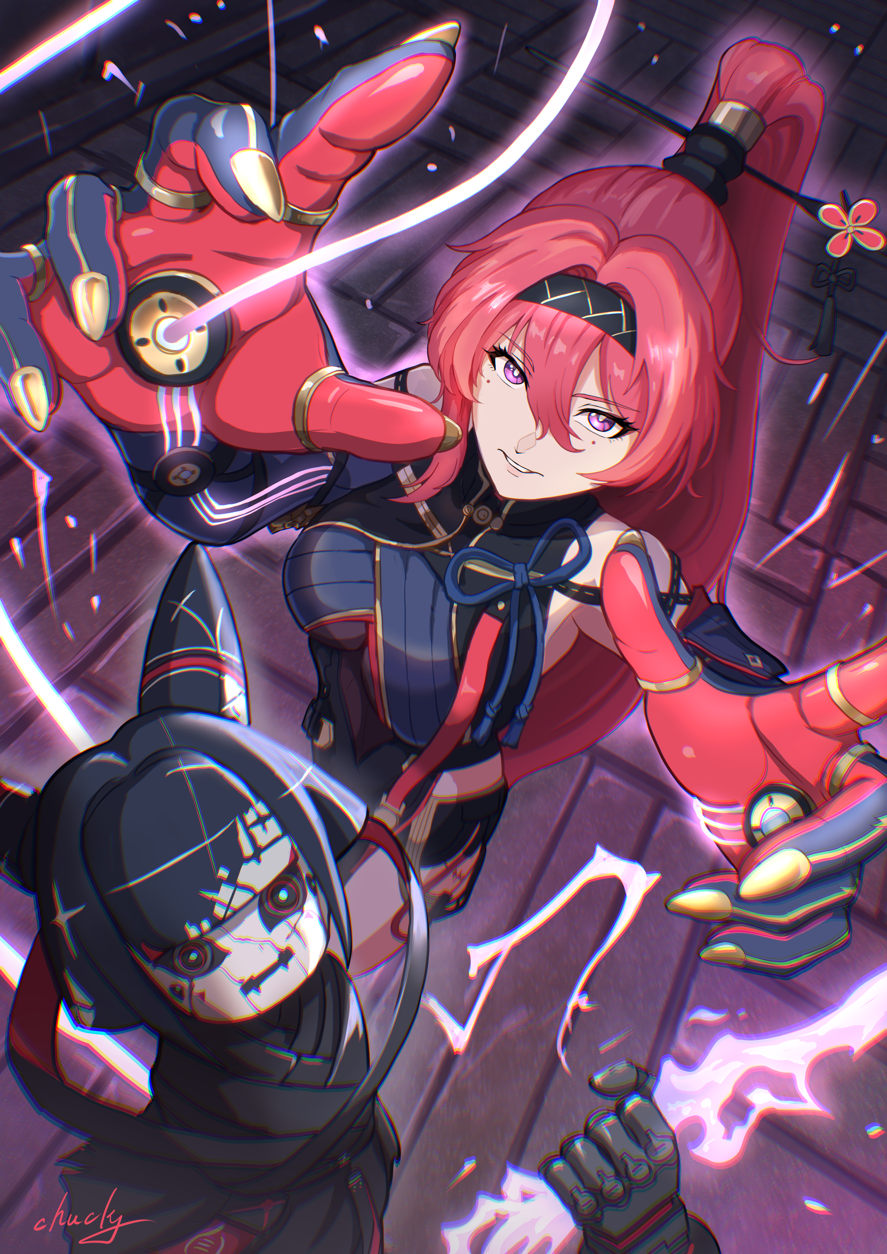 chucky (chucky1000sun), yinlin (wuthering waves), wuthering waves, absurdres, commentary, highres, 1girl, arms up, bare shoulders, black bodysuit, black gloves, black hairband, bodysuit, breasts, chromatic aberration, circle facial mark, elbow gloves, electricity, gloves, hair between eyes, hair ornament, hair stick, hairband, high ponytail, long hair, looking at viewer, mark under both eyes, medium breasts, parted lips, ponytail, purple eyes, red hair, solo, very long hair, zapstring (wuthering waves)