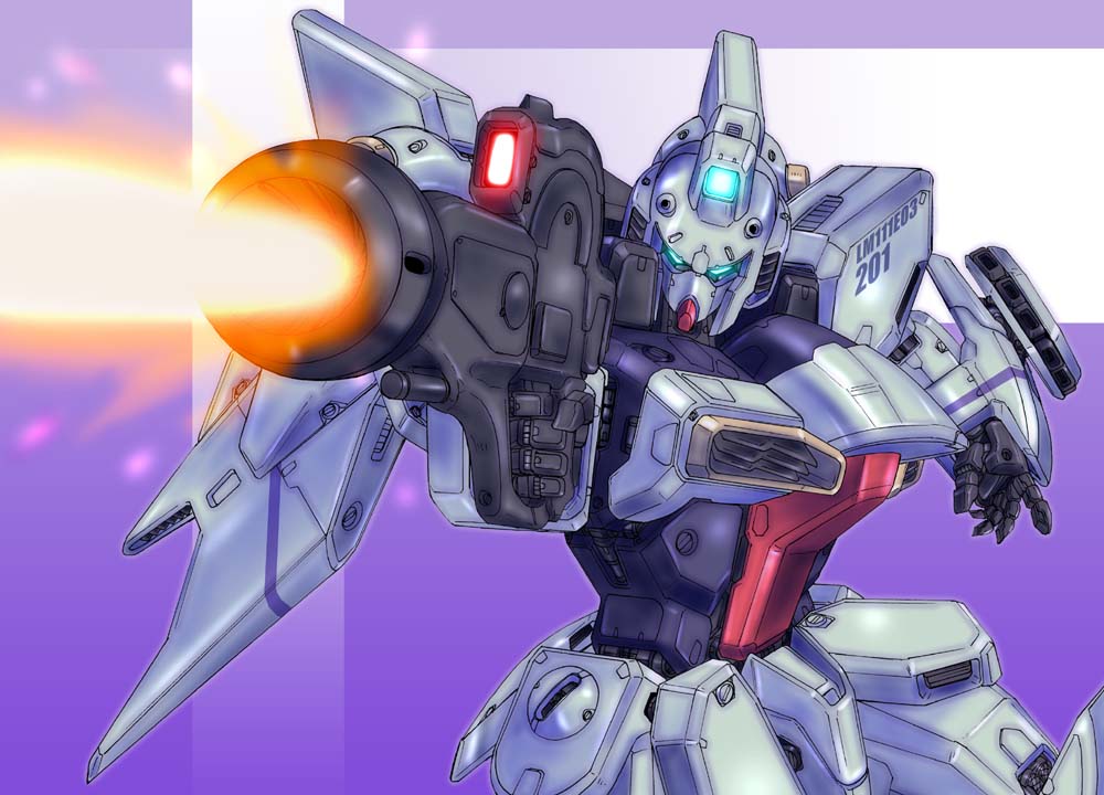 gun blastor, gunblaster, gundam, victory gundam, 1990s (style), beam rifle, energy gun, gun, mecha, no humans, retro artstyle, robot, weapon