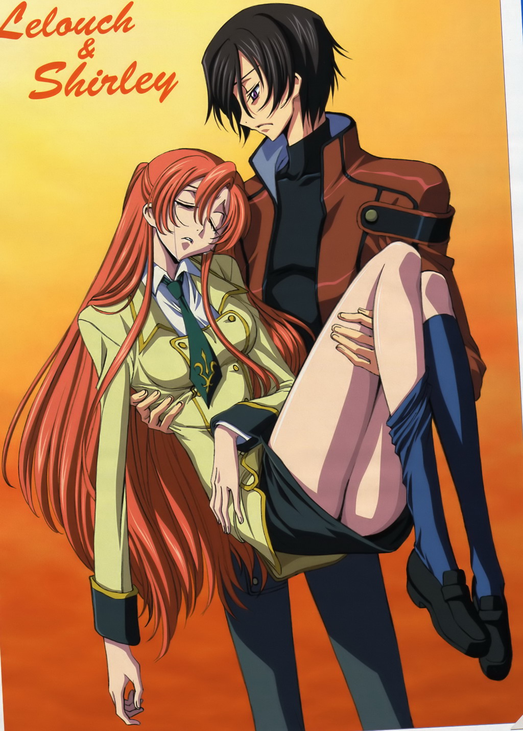 lelouch vi britannia, shirley fenette, code geass, highres, official art, scan, 00s, character name, kneehighs, socks