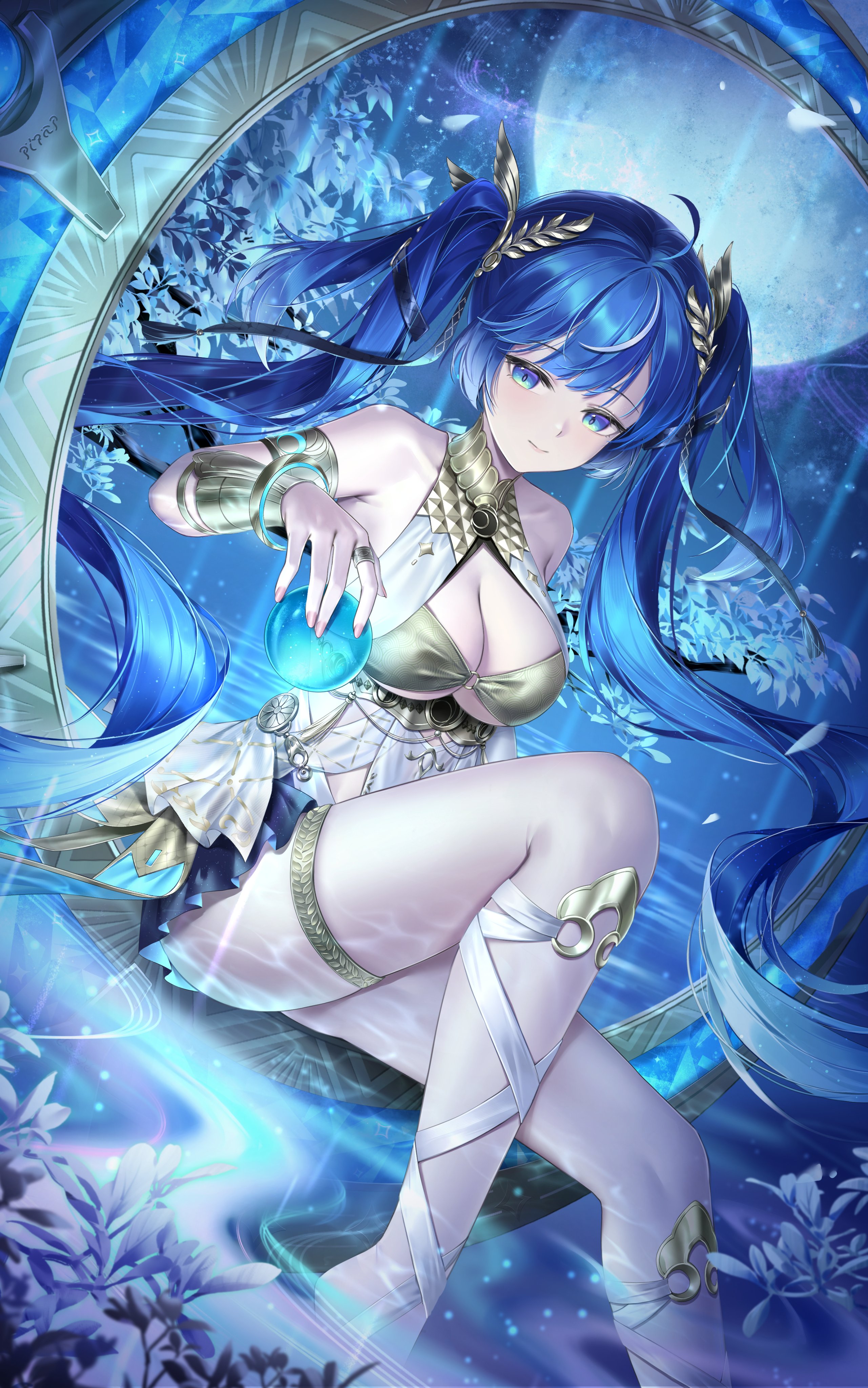 yinghuahua, iuno (wuthering waves), wuthering waves, absurdres, commentary, highres, revision, 1girl, ahoge, ancient greek clothes, armlet, bare shoulders, barefoot, black skirt, blue eyes, blue hair, breasts, cleavage, closed mouth, fingernails, greco-roman clothes, head wreath, holding orb, jewelry, leg wrap, long hair, looking at viewer, skirt, smile, solo, thighlet, thighs, twintails, very long hair