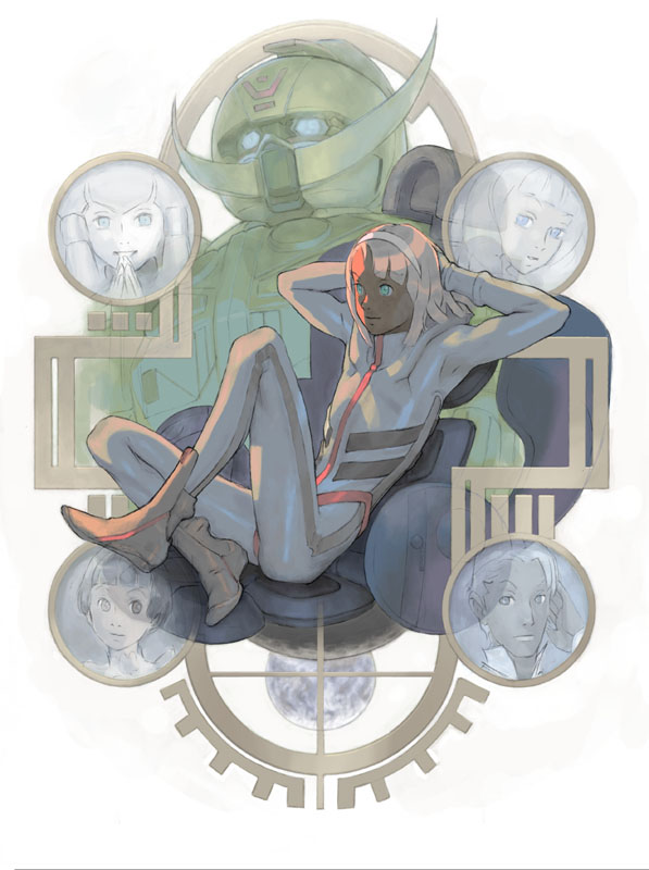 yasuda akira, dianna soreil, guin sard lineford, harry ord, kihel heim, loran cehack, sochie heim, turn a gundam (mobile suit), gundam, turn a gundam, 2boys, 3girls, dark skin, earth (planet), faux traditional media, mecha, multiple boys, multiple girls, planet, robot