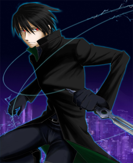 hei (darker than black), darker than black, 00s, 1boy, belt, black gloves, black hair, buckle, fighting stance, glint, gloves, holding, holding sword, holding weapon, long sleeves, looking at viewer, male focus, red eyes, solo, sword, weapon