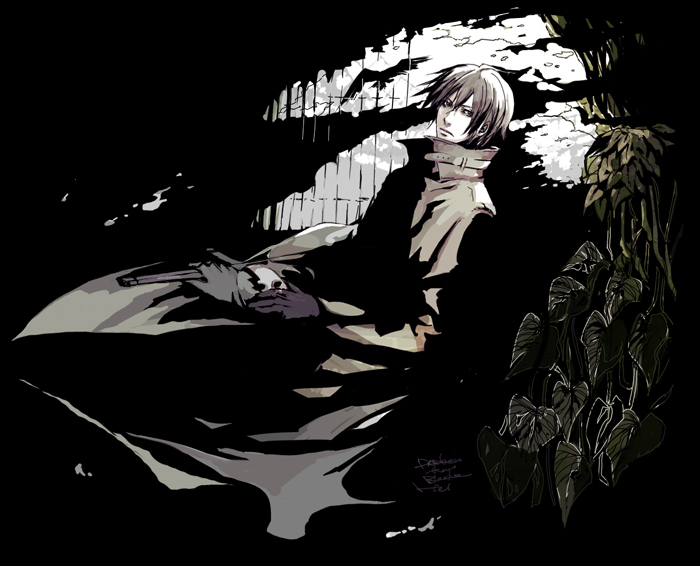 hei (darker than black), darker than black, 00s, 1boy, gloves, leaf, male focus, mask, solo
