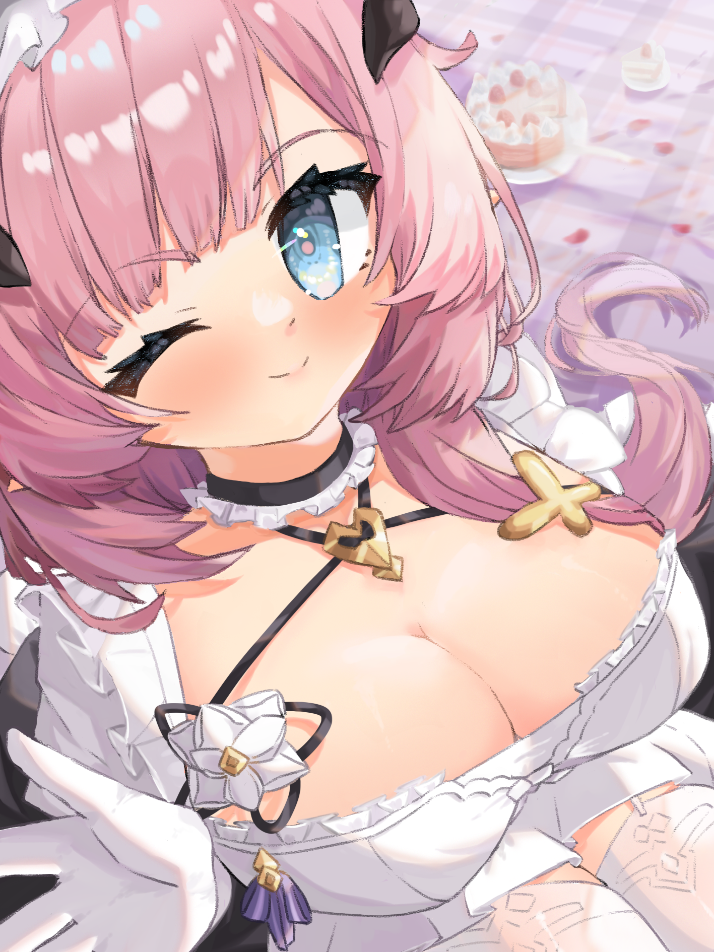 mogu kinoko, elysia (honkai impact), elysia (miss pink) (honkai impact), elysia (miss pink elf) (honkai impact), honkai (series), honkai impact 3rd, commentary request, highres, 1girl, ;), blue eyes, breasts, butterfly hair ornament, cake, chocolate cake, cleavage, dress, fake horns, food, gloves, hair ornament, horns, large breasts, long hair, looking at viewer, maid, official alternate costume, one eye closed, pink hair, smile, solo, thighhighs, very long hair, white dress, white gloves, white thighhighs