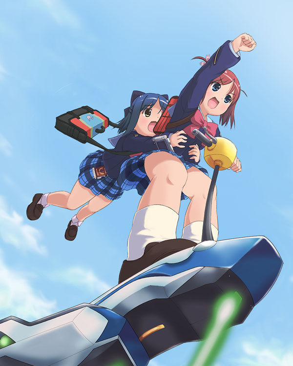 beidan, amamiya manami, inamori mika, gakuen utopia manabi straight!, grabbing, bad id, bad pixiv id, 00s, 2girls, bag, blue hair, bow, brown hair, flying, foreshortening, from below, hoverboard, legs, massugu go, multiple girls, pink bow, plaid clothes, plaid skirt, school bag, school uniform, serafuku, short hair, skirt