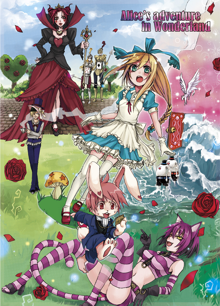 kaida michi, alice (alice in wonderland), cheshire cat (alice in wonderland), mad hatter (alice in wonderland), queen of hearts (alice in wonderland), white rabbit (alice in wonderland), alice's adventures in wonderland, striped legwear, bad id, bad pixiv id, 2boys, 4girls, animal ears, blonde hair, blush, braid, crop top, dress, floating, flower, gloves, green eyes, knight, lying, midriff, multiple boys, multiple girls, mushroom, pegasus, pocket watch, purple hair, rabbit, rose, short hair, striped clothes, striped thighhighs, tail, tea, thighhighs, watch, water, zettai ryouiki