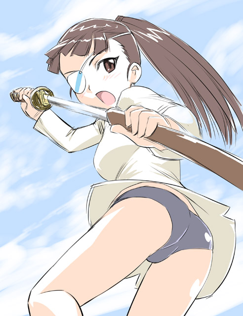 ueyama michirou, sakamoto mio, strike witches, world witches series, 00s, 1girl, ass, brown eyes, brown hair, buruma, eyepatch, female focus, katana, long hair, looking back, panties, pantyshot, ponytail, solo, sword, underwear, weapon