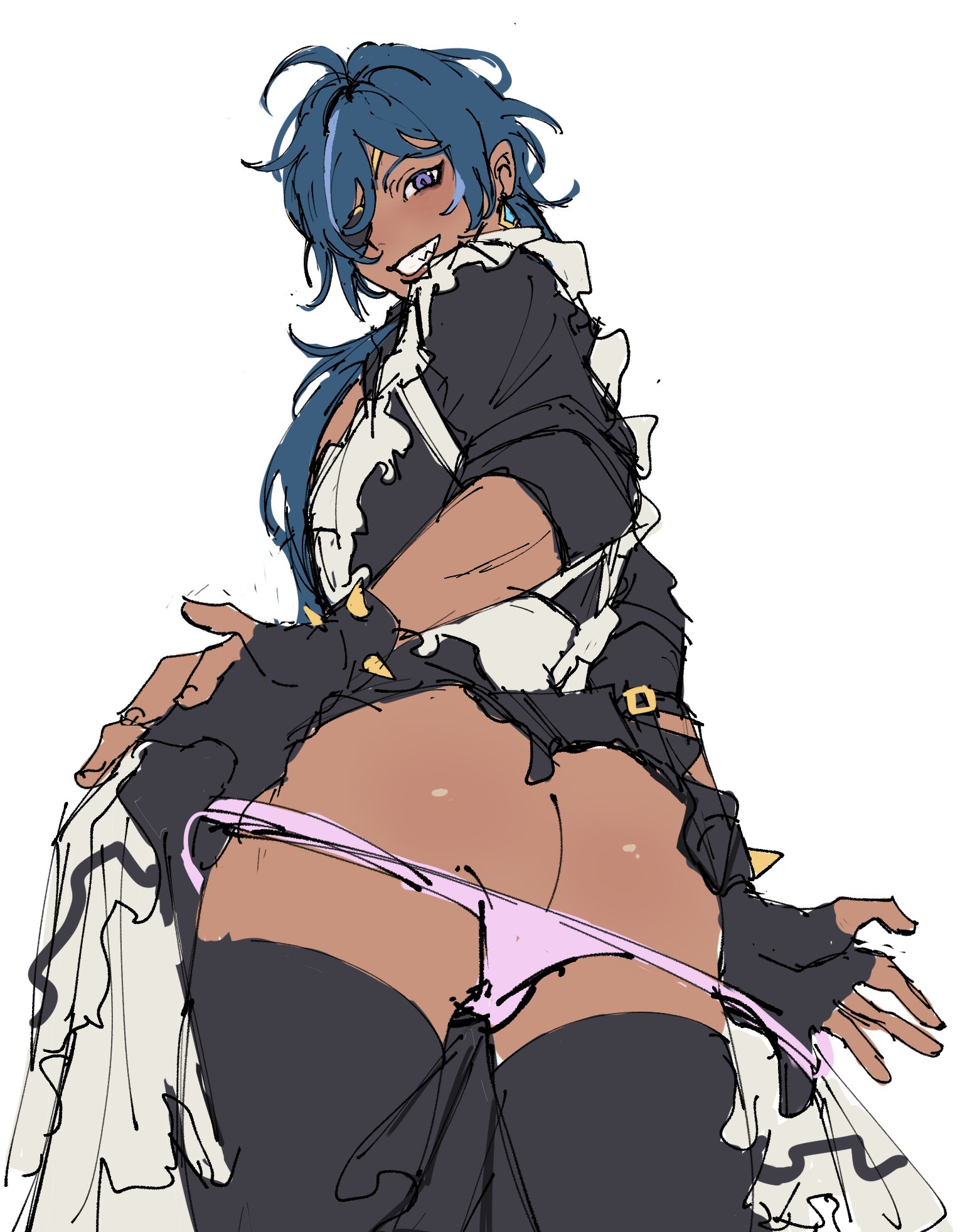 riki0928, kaeya (genshin impact), genshin impact, highres, 1boy, apron, ass, black dress, black gloves, black thighhighs, blue eyes, blue hair, clothes lift, dress, dress lift, earrings, eyepatch, fingerless gloves, from behind, from below, gloves, grin, jewelry, long hair, looking at viewer, looking back, looking down, maid, maid apron, male focus, panties, panty pull, pink panties, pulling own clothes, red lips, sharp teeth, simple background, smile, solo, teeth, thighhighs, underwear, white apron, white background