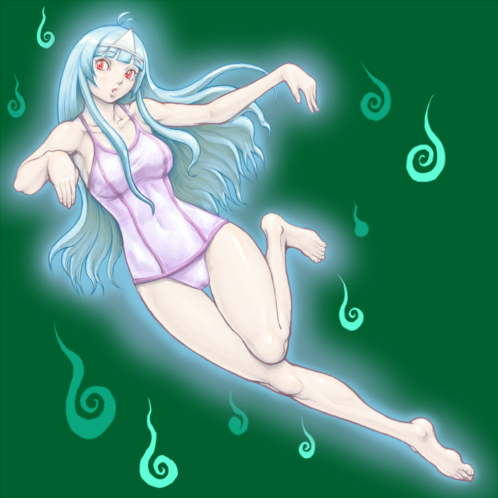 kari (artist), satsuki (quiz magic academy), quiz magic academy, 1girl, barefoot, blue hair, feet, female focus, full body, ghost, glowing, green background, hitaikakushi, legs, long hair, monster girl, one-piece swimsuit, red eyes, school swimsuit, simple background, solo, swimsuit, triangular headpiece, white one-piece swimsuit, white school swimsuit