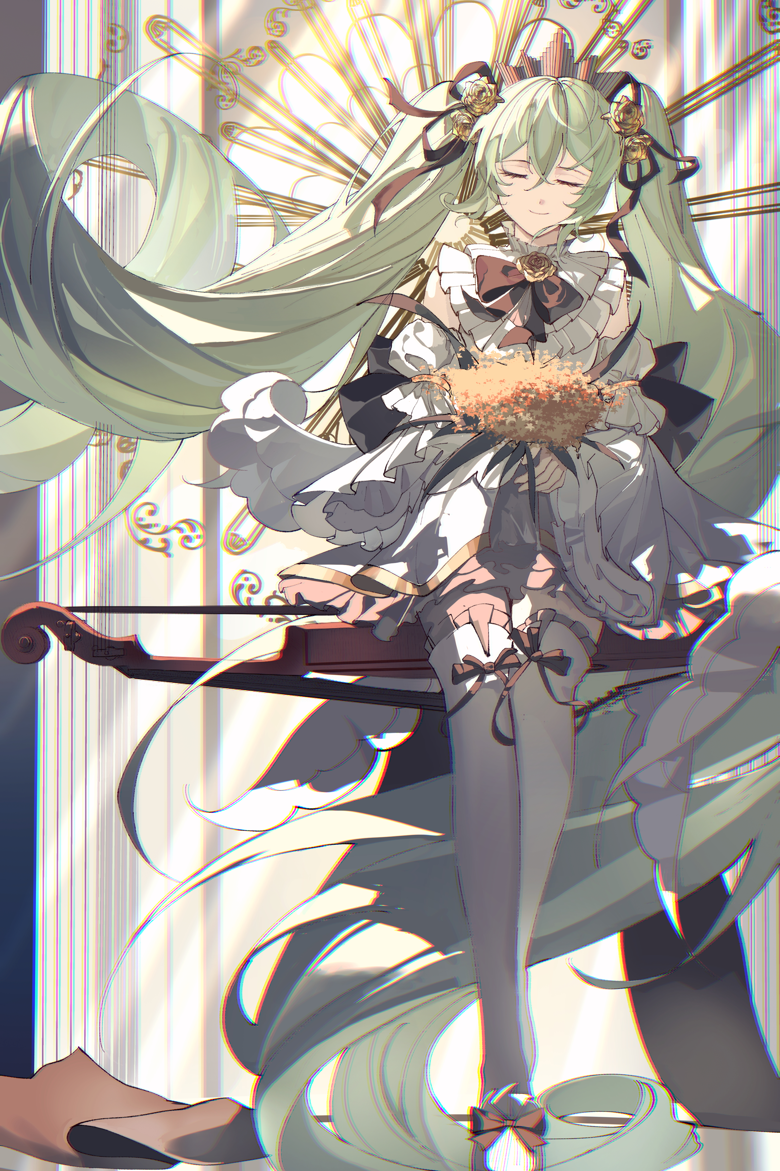 keaph, hatsune miku, miku symphony (vocaloid), vocaloid, absurdres, highres, 1girl, closed eyes, closed mouth, dress, flower, frilled dress, frilled sleeves, frills, green hair, hair ornament, long hair, official alternate costume, official alternate hairstyle, rose, sleeveless, sleeveless dress, smile, solo, thighhighs, twintails, very long hair, white dress, white thighhighs, yellow flower, yellow rose