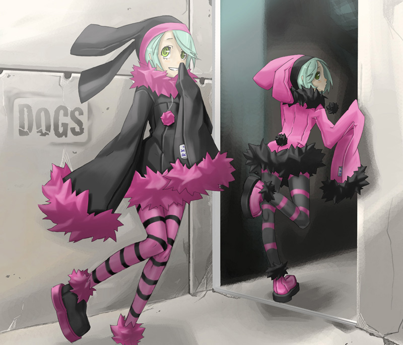 luki, noki, dogs: bullets & carnage, tagme, english text, green eyes, green hair, pantyhose, striped clothes, striped pantyhose