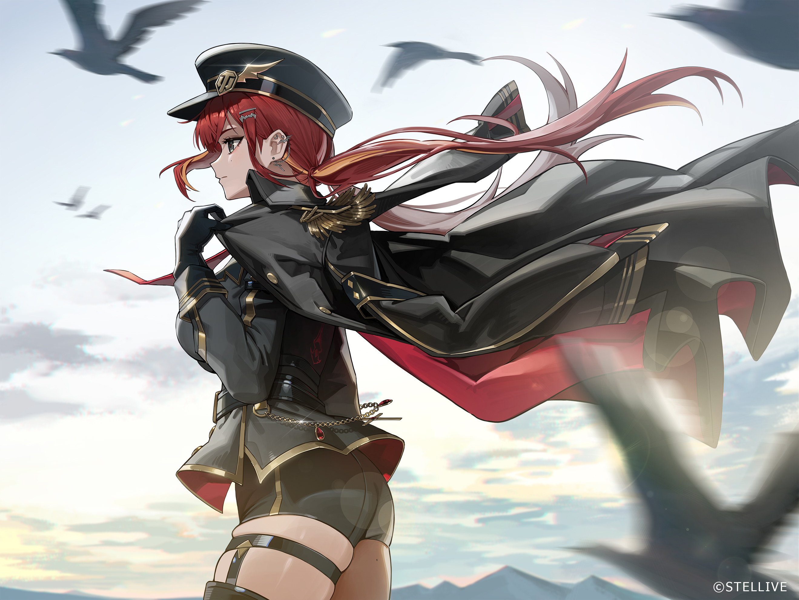 rhtkd, akane lize, stellive, world of tanks, highres, 1girl, black gloves, black jacket, black shorts, blonde hair, breasts, gloves, grey eyes, hat, jacket, large breasts, military hat, military uniform, multicolored hair, red hair, short shorts, shorts, solo, thighs, two-tone hair