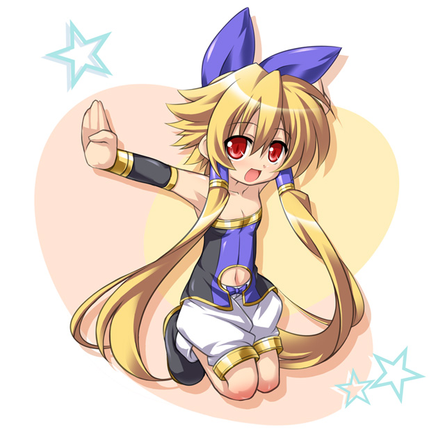 katami shinta, meryl star, shinrabanshou, 1girl, :d, blonde hair, clothing cutout, female focus, long hair, navel cutout, open mouth, outstretched arms, red eyes, ribbon, shorts, smile, solo, spread arms, twintails