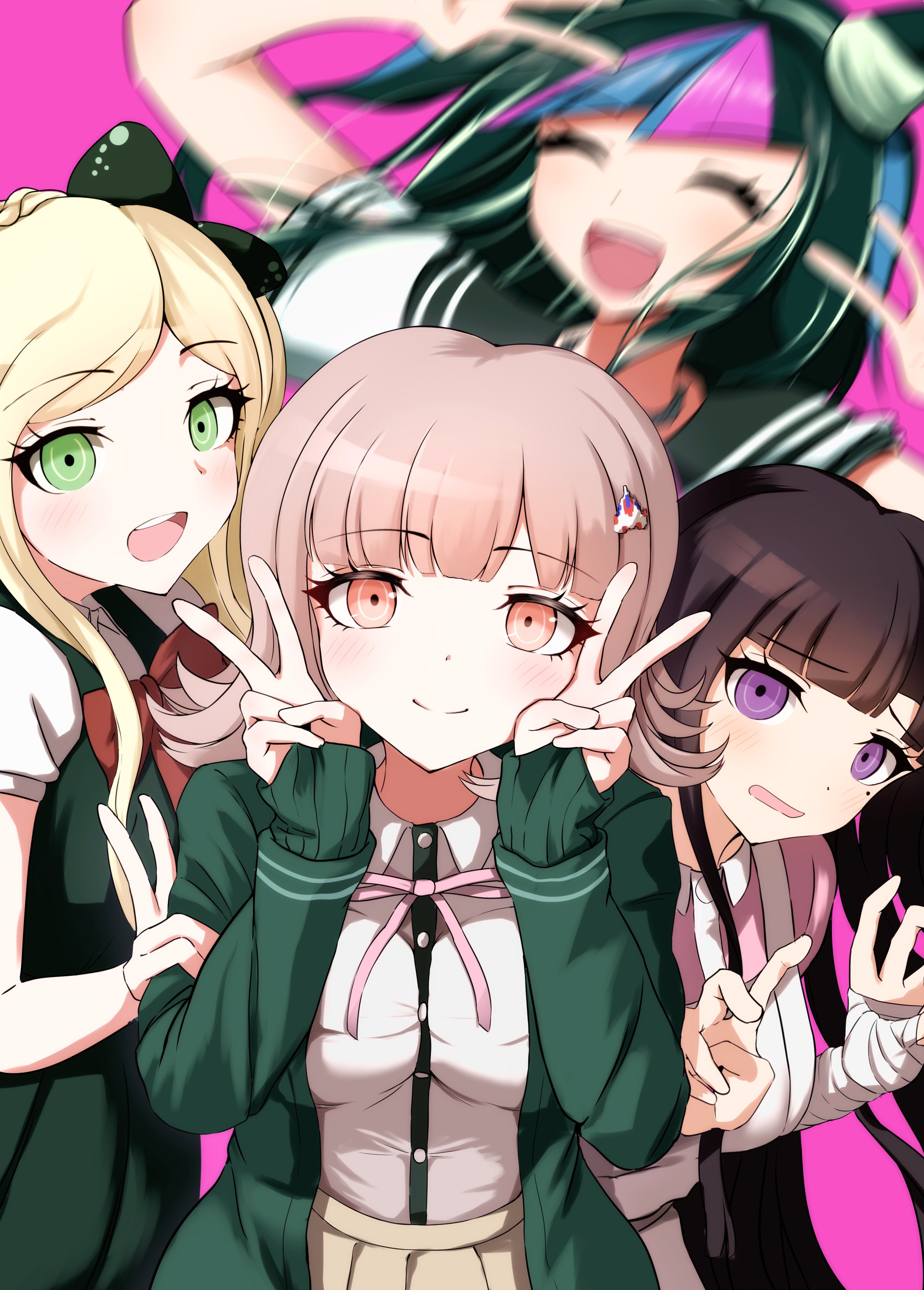 nanafuku, mioda ibuki, nanami chiaki, sonia nevermind, tsumiki mikan, danganronpa (series), danganronpa 2: goodbye despair, absurdres, highres, black hair, blush, breasts, brown hair, collared shirt, flipped hair, hair horns, hair ornament, hood, jacket, long hair, long sleeves, looking at viewer, medium hair, multicolored hair, neck ribbon, open clothes, open jacket, open mouth, pink eyes, pink hair, pink ribbon, pleated skirt, ribbon, school uniform, shirt, short sleeves, skirt, smile, white hair, white shirt