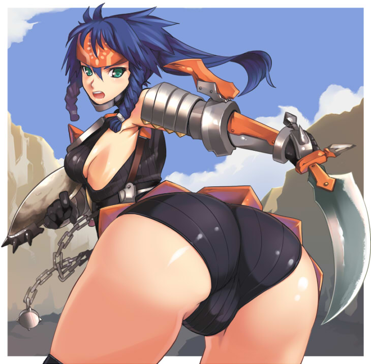 akinaie, yoshio (55level), kuroobi (one piece), capcom, monster hunter (series), striped, 1girl, :o, angry, aqua eyes, armor, armpits, ass, bent over, black gloves, blue hair, braid, breasts, chain, cliff, cloud, day, female focus, fighting stance, forehead protector, foreshortening, from behind, gloves, headband, holding, huge ass, kuroobi (armor), long hair, looking at viewer, looking back, medium breasts, micro shorts, no bra, open mouth, outdoors, ponytail, shield, shorts, side braid, sideboob, sky, solo, spikes, strap, sword, thighhighs, twin braids, weapon