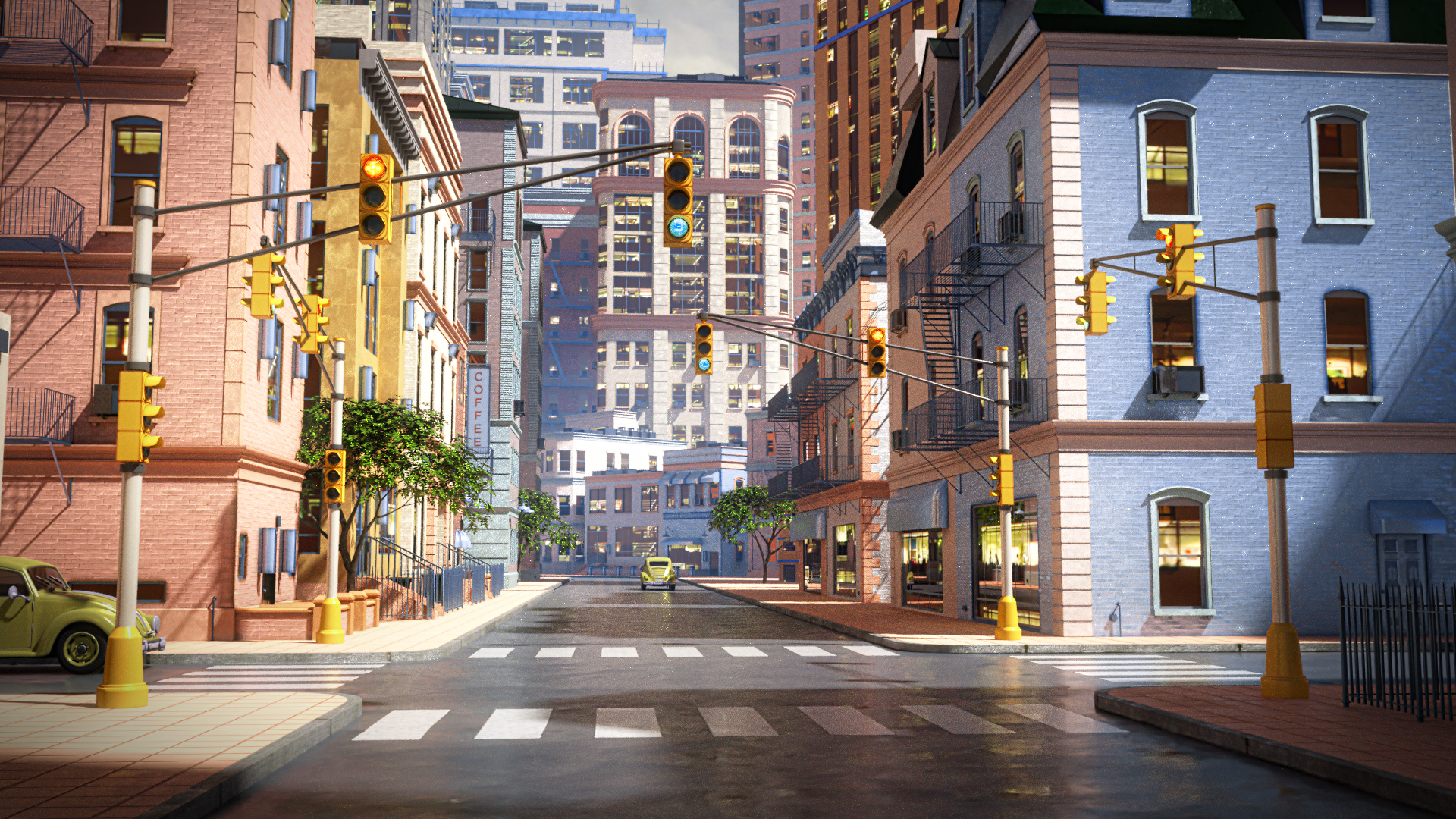 solarliu, original, volkswagen, commentary, highres, architecture, building, car, city, cityscape, crosswalk, day, green car, motor vehicle, no humans, outdoors, road, scenery, shade, shadow, street, sunlight, traffic light, tree, urban, volkswagen beetle