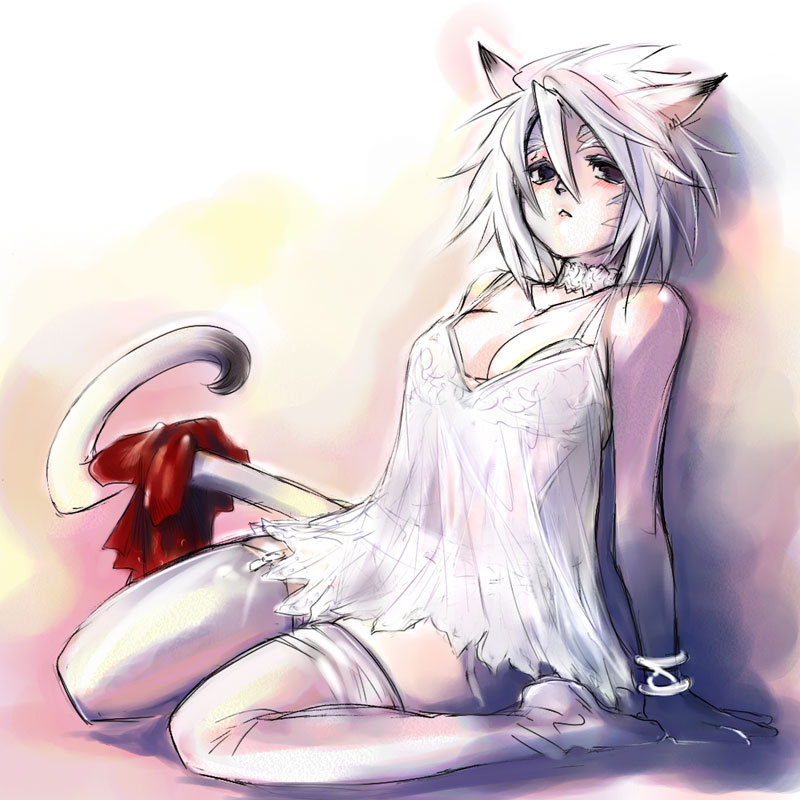 doraeshi, haduki (pixiv), mithra (ff11), final fantasy, final fantasy xi, bad id, bad pixiv id, 00s, 1girl, animal ears, cat ears, cat girl, cat tail, female focus, lingerie, ribbon, solo, tail, thighhighs, underwear